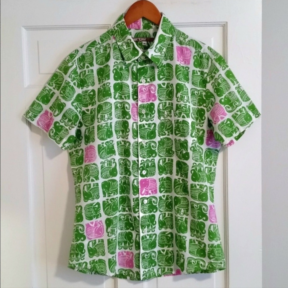 🐘Mr. Turk🐘 - Green/Pink "Slim Jim" Elephant Print S/S Button Down Shirt